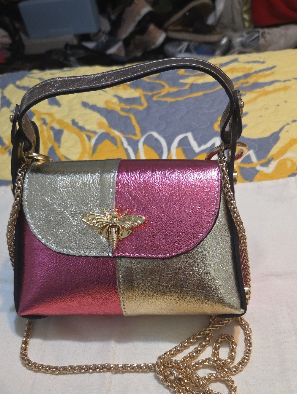 Metallic Pink & Gold Bee Accent Crossbody Bag - Women